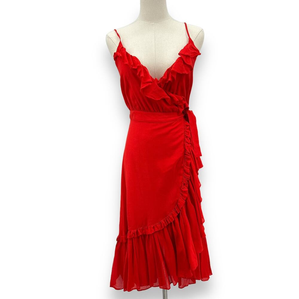 & Other Stories‎ Red Romantic Flirty Ruffle Wrap Midi Dress Women's 2 Cocktail
